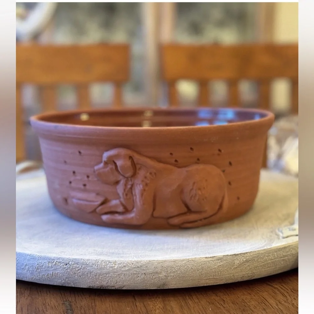 Signed Hand Thrown Studio Art Pottery Terracotta Dog Food Bowl Dish Glaze XL